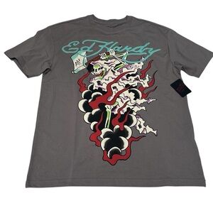 Ed‎ Hardy T Shirt Men's Death Reaper Size M Light Grey NWT